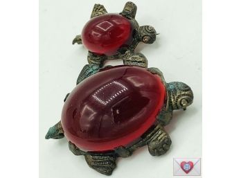 Mama And Baby ~ Green Patinated Antique Turtles Red Jelly Belly Brooches Edwardian Era Pressed Metal Charmers