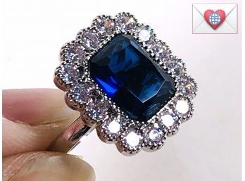 Princess Diana Sparkling Emerald-Cut Blue Sapphire Glass Solitaire Bright White CZs Sterling Ring ~ Size 7