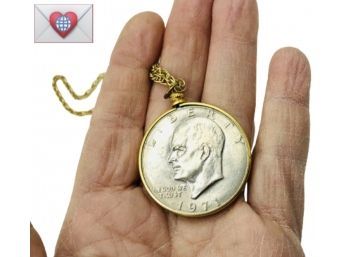 US Eisenhower 1971 One Dollar Coin In Bezel On 24' Chain Medallion Necklace