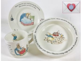 Wedgwood Pottery ~ Peter Rabbit Nursery Set Plate Cup Bowl In Box ~ Made In England