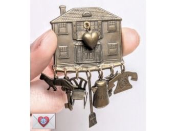 Happy Valentine Home Of Love ~ Punched Brass Brooch With 7 Dangling Charms Signed Jan Michaels