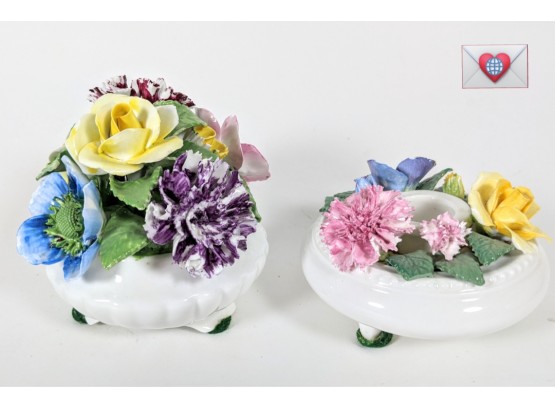 Staffordshire Radnor Flower Bouquet Bone China Hand Painted Footed Bowl England And Matching Candlestick