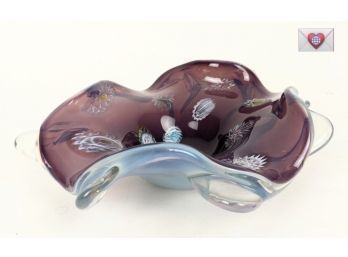 Astounding Heavy Sexy Handblown Flower-Shaped Amethyst And Clear Murano Art Glass Bullicante Bowl