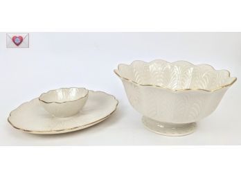 Pair Of Similarly Patterned Lenox Fine Porcelain Bowl And Serving Dish With Hand-painted Gold Accents
