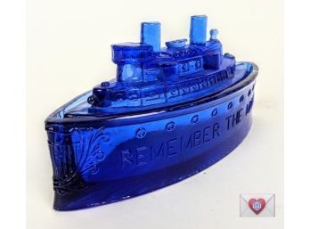 'Remember The Maine' Gorgeous Lidded Cobalt Blue Depression Glass Figurative Ship