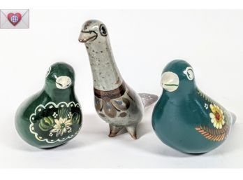 Fabs Trio! Vintage Mexican Tonala Hand Painted Folk Art Birds ~ Pottery And Wood