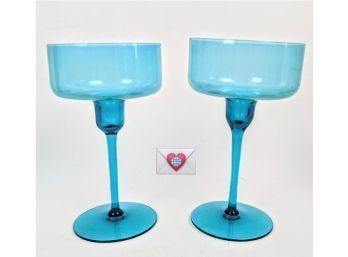 Tall Pale Hand Blown Turquoise Art Glass Candle Sticks