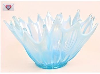 Fostoria Heirloom Style Blue Opalescent Glass Crimped Handkerchief Bowl