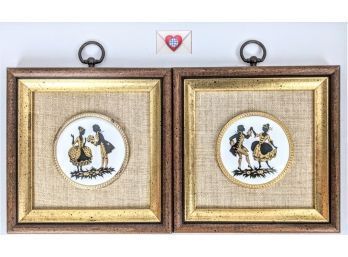 Charming Pair Of Framed Black And Gold Porcelain Buttons Of Victorian Era Lovers