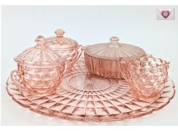 1930s Pink Depression Glass Tea Set With Cookie Bowl Creamers Sugar Cups And A Platter