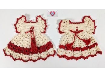Pair Of Crochet Dress Pot Holders - Red And White  Beautiful Condition