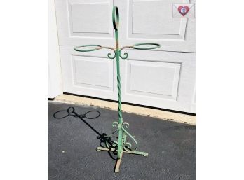 Painted Green Vintage Bent And Twisted Heavy Wrought Iron 2 Plant Footed Stand