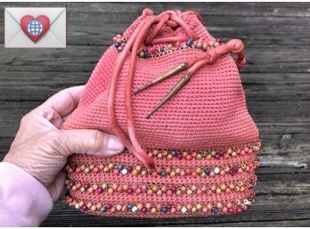 Beautifully Woven Pink Drawstring Vintage Purse With Rainbow Beads ~ Mint