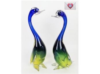Huge Pair Of Vibrant Hand Blown Murano Art Glass Blue And Green Herons WOW!!