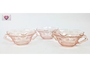 Set Of 6 Matching 1930s Pink Depression Glass Sugar Bowls With Intricate Lace Designs