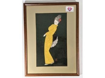 Wonderful Image ~ Japanese Woman In Yellow Kimono - Signed Vintage Framed Print Under Glass