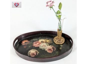 Vintage Painted Lacquered Wooden Serving Tray And A Sweet Flower Filled Filigree Bud Vase