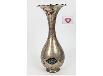 Silver Vase With Turquoise Stones Centerpiece Marked On Bottom