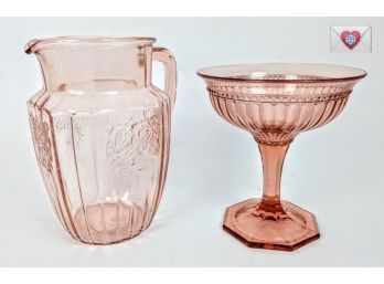 Wedded Pair Large Pink 1930's Depression Glass ~ Floral Embossed Pitcher And Pedestal Chalice