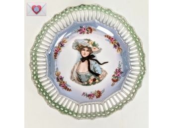 Fine Latticed Hand Painted German Porcelain Plate Beautifully Depicting A Womans Portrait With Flowers
