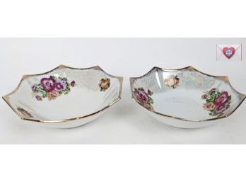 Pair Of Opalescent Fire Glazed Gilt-edged Porcelain Serving Bowls With Flora Motif