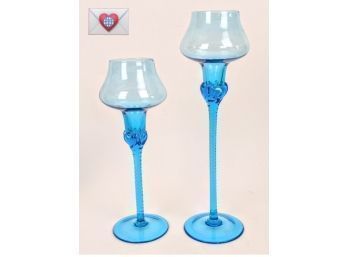 Set Of Tall Pale Baby Blue Handblown Art Glass Candle Sticks ~ 10.5' And 12'