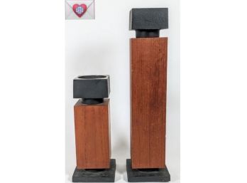 Eye Catching Duo Of Mid-century Modern Solid Wood And Metal Candle Sticks From Random Industries