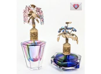 Rare Wonderful Pair Of Irving Rice & Co. {Irice} Fancy Heavy Vintage Art Glass Perfume Bottles W/Flourishes