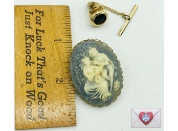 Vintage Costume Blue Cameo Brooch And Gold Tone Tie Tack