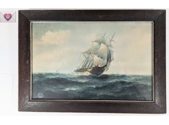 1906 Print By JJ McAuliffe ~ Sailing Ship On High Seas ~ Nicely Framed Under Glass