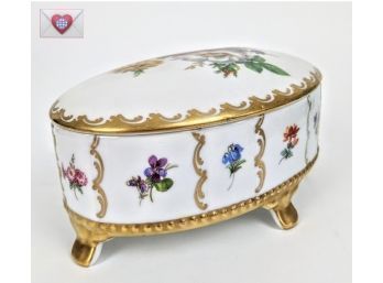 Vieux Limoges Fine Porcelain Lidded Footed Gilded Porcelain Dish With Vibrant Flowers
