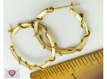2.4g ~ Solid 14K Yellow Gold Wire Wrapped Hoop Pierced Earrings