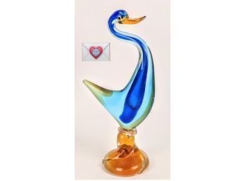 Superb! Large Heavy Perfect Happy Hand-Pulled Artist-Made Colored Murano Art Glass Duckling