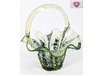Antique Green And Blue Tie Dye Ribbon Glass Basket Vase