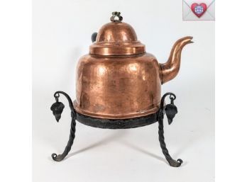 Vintage Patinated Riveted Rustic Copper Kettle With Wood Handle On Wrought Iron Stand