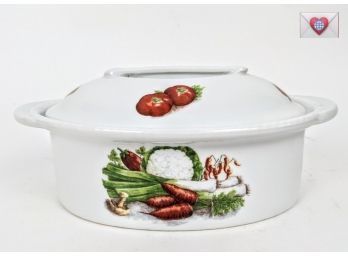 Made In France Fine Fire Glazed White Porcelain Casserole Dish ~ Vegetable Themed