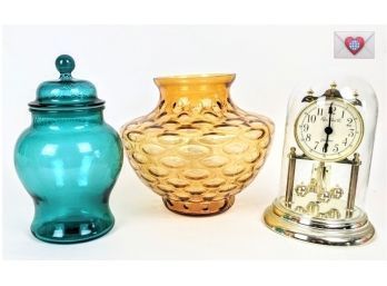 Trio Of Decorative Glass Housewares Including 2 Vessels And An Elgin Desk Clock