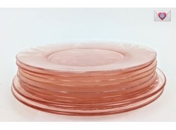 Stack Of Eight Pretty Pink Depression Glass Plates In Two Sizes And Two Designs