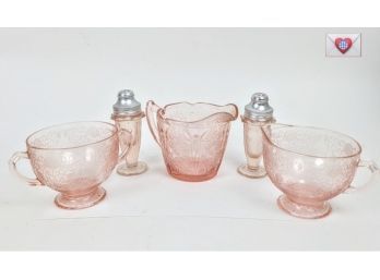 Pretty Pink 1930s Depression Glass Tea Set - Includes Sugar Creamer And Salt And Pepper Shakers