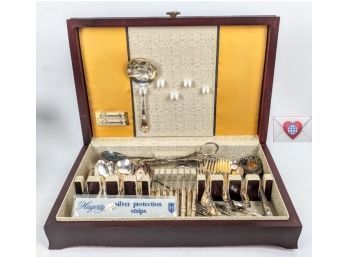 Community Silver Plate Orchid Silverware Set In Original Dark Wood Box ~ Approximately 72 Pieces