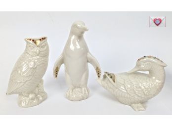 3 Fine Porcelain Figures ~ Owl Penguin Goose From The Lenox China Jewels Collection