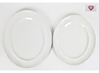 Pair Of White On White Embossed Johnson Bros English Glazed Porcelain Serving Platters 12' And 14'