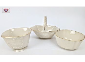 Three Lennox Fine Porcelain Pieces 2 Bowls And A Basket With Hand-painted Gold Accents