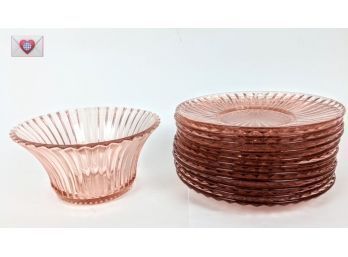 12 Piece Set Of Pink 1930s Depression Glass China 11 Plates And A Bowl