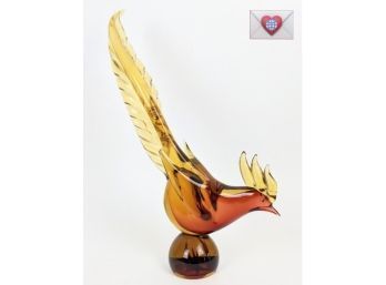 The Best! Hand Blown Artist Made Large Heavy Wonderful Vintage Mid Century Murano Amber Glass Pheasant