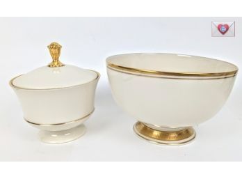Lennox Fine Gilded Porcelain Large Bowl And Smaller Lidded Bowl