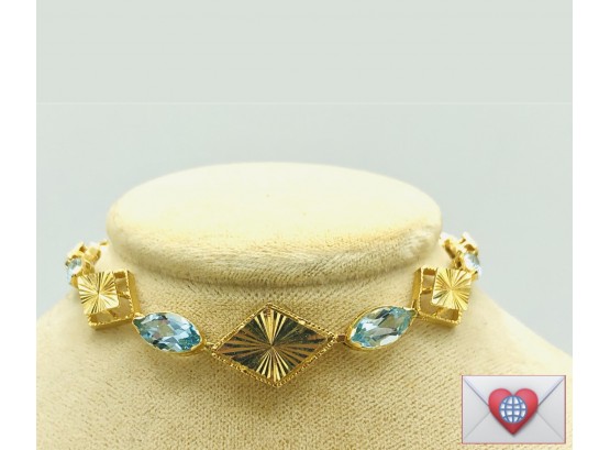 10.1g ~ Solid 14K Yellow Gold Aquamarine Gemstone Link Bracelet