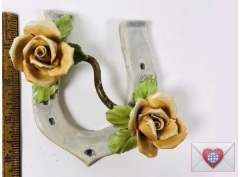 Italian Capodimonte Hand Glazed Porcelain Good Luck Horseshoe With Hand Sculpted Figural Roses