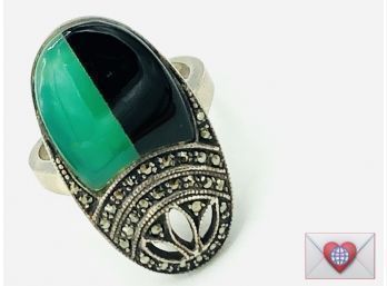 Unusual! Fabs Jade Onyx Sterling Marcasite Vintage Ring ~ Size 7.25