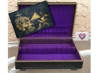 Black And Gold Asian Motif Purple Felt Lined Vintage Footed Flatware Storage Chest Box